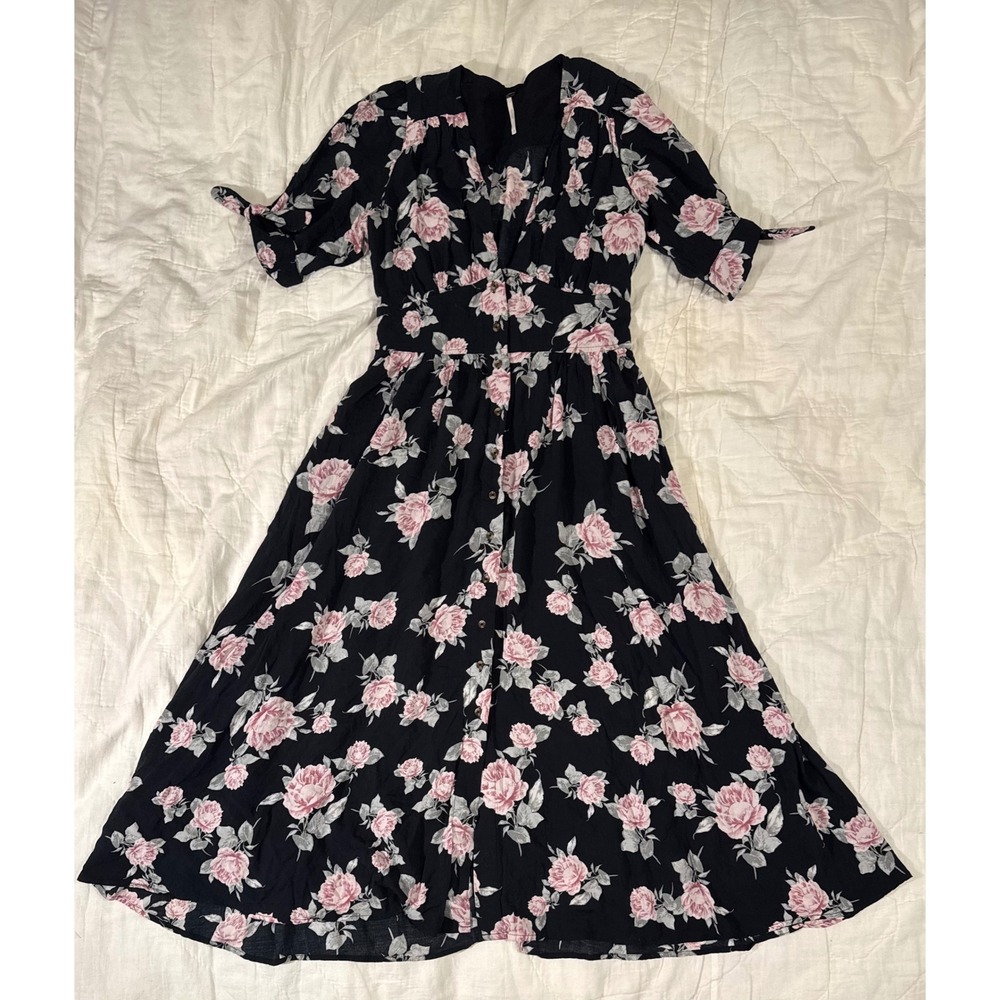 Free People Love of My Life Black Floral Midi Dress Buttons Size S Tie Sleeve
